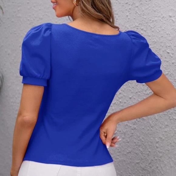 Blue puff sleeve V neck blouse - Picture 3 of 6